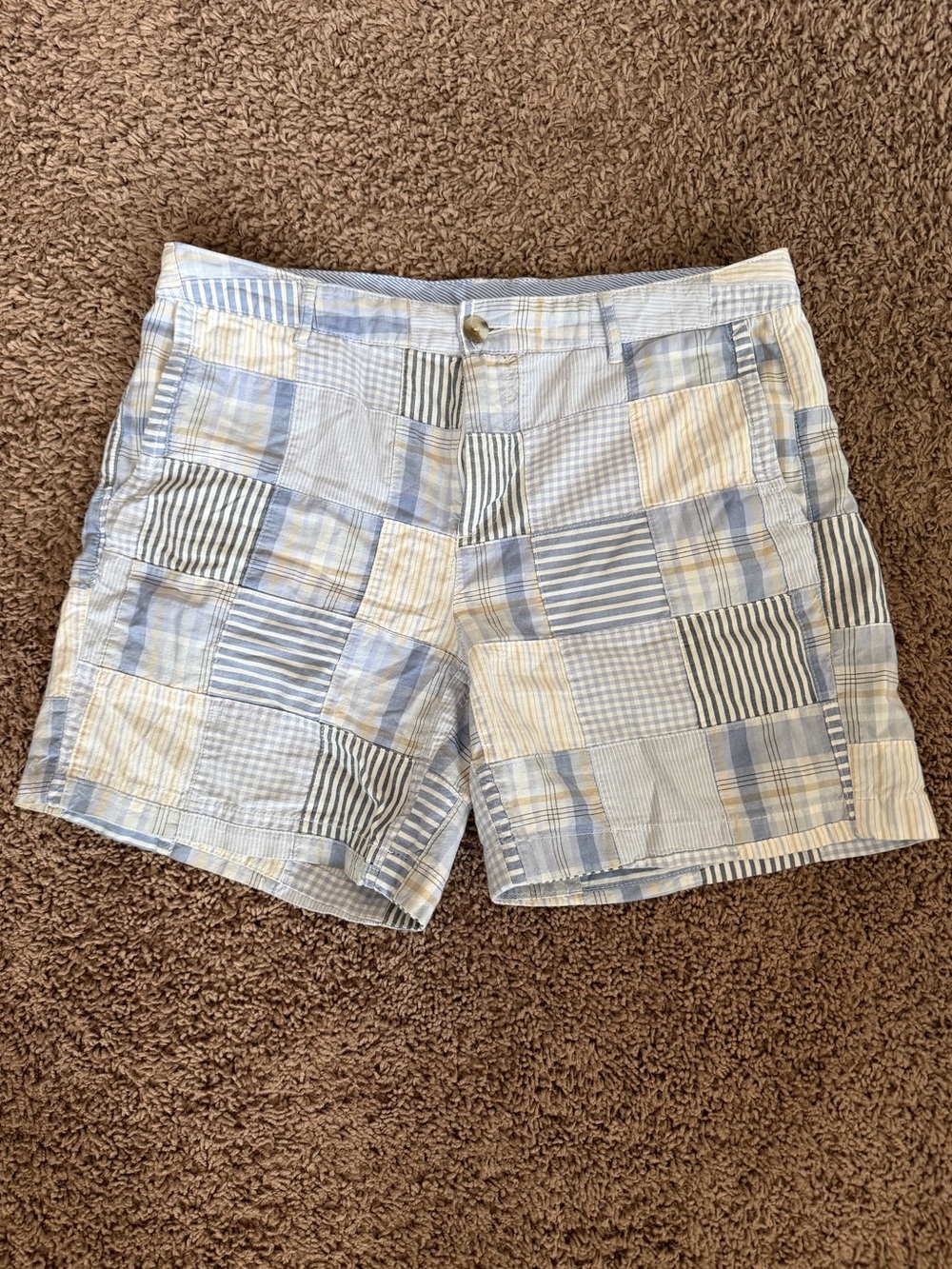 L.L. Bean Patchwork Seersucker Shorts in Light Blue & Cream